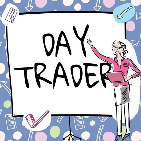 Text showing inspiration Day Trader, Business approach A person that buy and sell financial instrument within the day Businesswoman Casual Standing Presenting Charts And New Wonderful Ideas.