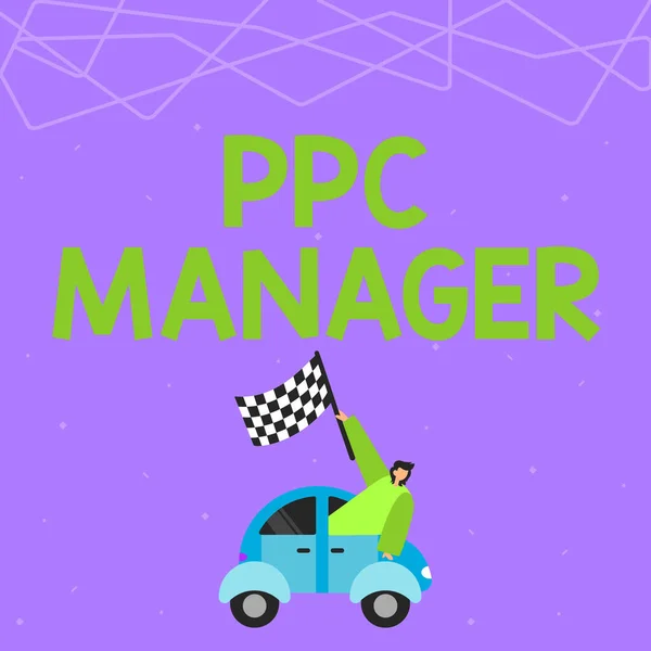 Conceptual display Ppc Manager, Concept meaning which advertisers pay fee each time one of their ads is clicked Businessman Waving Banner From Vehicle Racing Towards Successful Future.