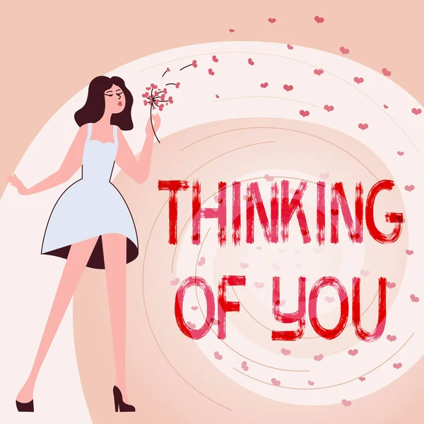 Handwriting text THINKING OF YOU, Business idea Dreaming of lover all the time Woman blowing bunch of flowers displaying peaceful romantic nature.