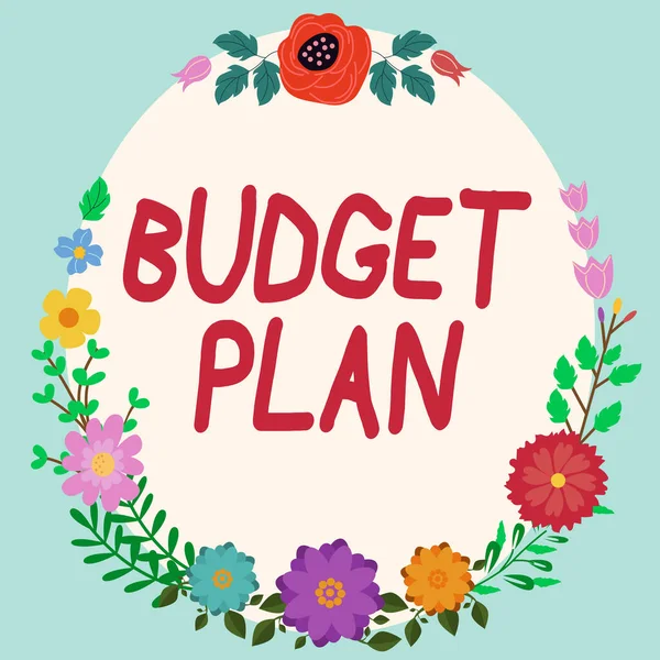 Conceptual display Budget Plan, Business idea financial schedule for a defined period of time usually year Frame Decorated With Colorful Flowers And Foliage Arranged Harmoniously.
