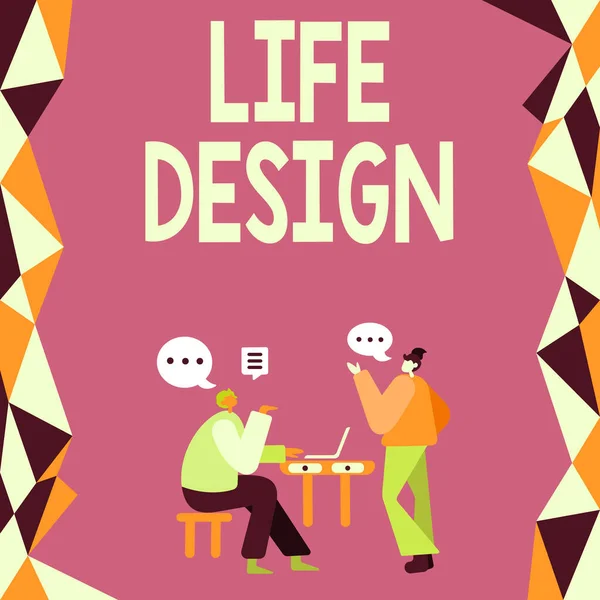 Writing displaying text Life Design, Business concept balance how you live between work family and entertaining Colleagues Having Meeting Discussing Future Project Improvement Ideas.