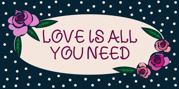 Text caption presenting LOVE IS ALL YOU NEED, Internet Concept Lovely Valentines day greetings with hearts background Frame Decorated With Colorful Flowers And Foliage Arranged Harmoniously.