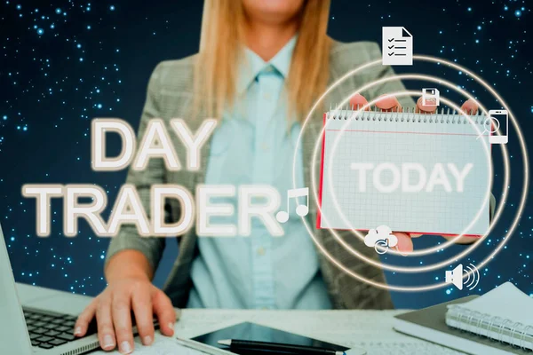 Conceptual caption Day Trader, Business concept A person that buy and sell financial instrument within the day Lady in suit holding notepad representing innovative thinking.