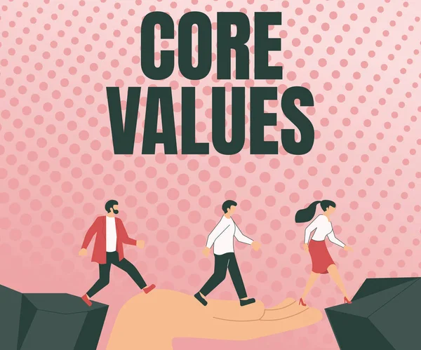 Conceptual caption Core Values, Business overview belief person or organization views as being importance Colleagues Crossing Obstacles Hand Bridge Presenting Teamwork Collaboration.