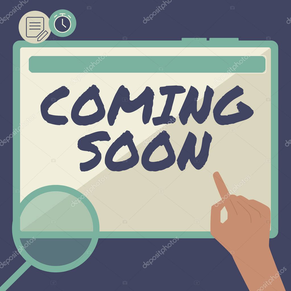 Conceptual display Coming Soon, Business idea something is going to happen in really short time of period Hand Using Big Tablet Searching Plans For New Amazing Ideas