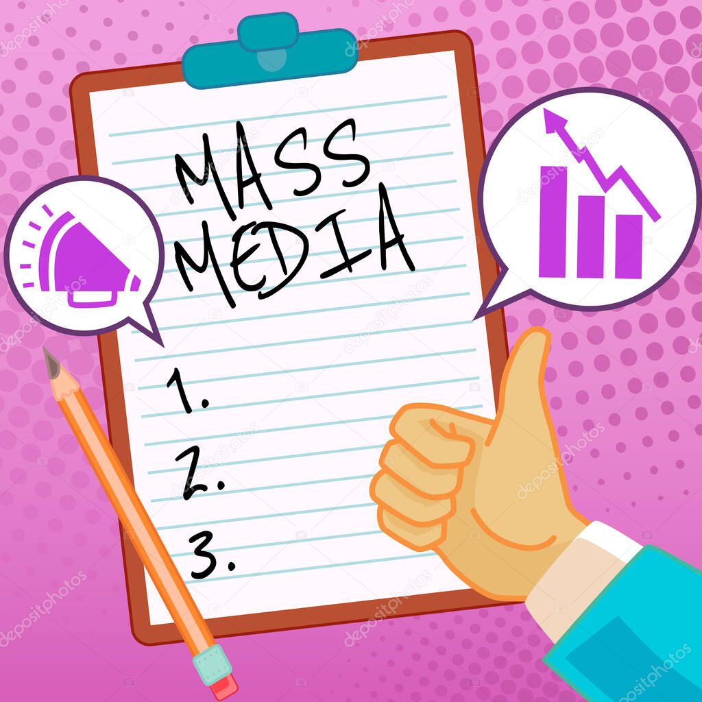 Text caption presenting Mass Media, Concept meaning Group showing making news to the public of what is happening Hands Thumbs Up Showing New Ideas. Palms Carrying Note Presenting Plans