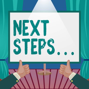 İlham veren Sonraki Adımları gösteren metin, Yeni Fikirleri Gösteren Eller 'i planlayan sonraki işlemin numaralandırılması anlamına gelen kavram. Palms Taşıma Defteri Sunum Planları