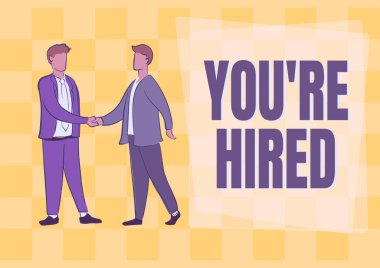 Yeniden işe aldığınız kavramsal başlık, kavramsal kavramsal kavram, kavram, yeni işe alınan işe alınan acemi kabul edilen iki meslektaşın başarılı bir takım çalışması için el sıkışması..