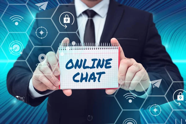 Legenda Texto Apresentando Chat Online Visão Geral Negócio Conversando Com — Fotografia de Stock