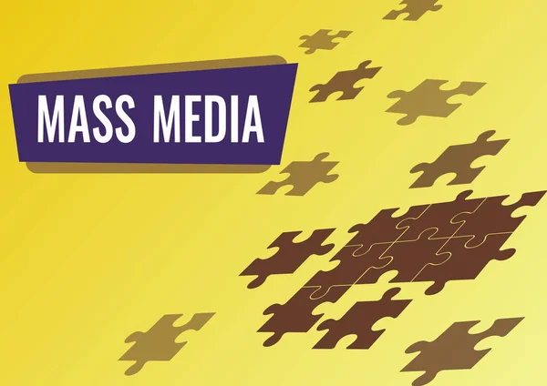 Conceptual display Mass Media, Word for Group showing making news to the public of what is happening Jigsaw puzzle pieces merging together symbolizing realization of new ideas.
