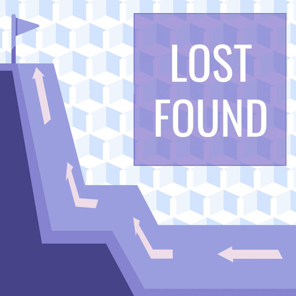 Text caption presenting Lost Found, Word for Things that are left behind and may retrieve to the owner Mountain Range Drawing With Road Leading To Raised Flag At The Top.