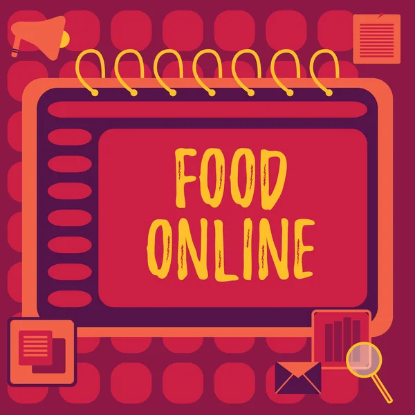 Handwriting text Food Online, Concept meaning asking for something to eat using phone app or website Blank Open Spiral Notebook With A Calculator And A Pen On Table.
