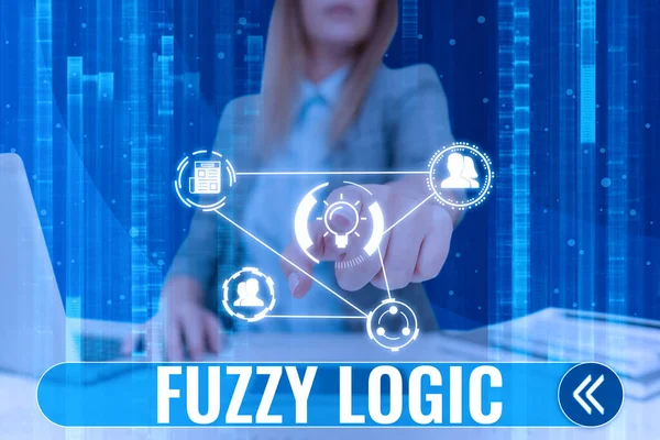 Text caption presenting Fuzzy Logic, Business approach checks for extent of dirt and grease amount of soap and water Lady in suit pointing finger represents global innovative thinking.