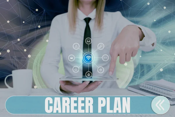 Sign displaying Career Plan, Business concept ongoing process where you Explore your interests and abilities Lady Pressing Screen Of Mobile Phone Showing The Futuristic Technology