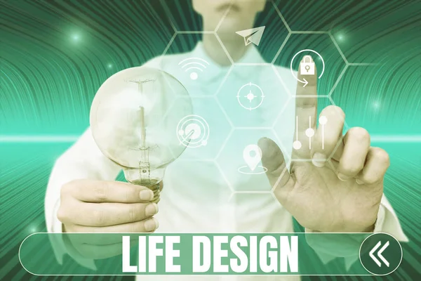 Text showing inspiration Life Design, Concept meaning balance how you live between work family and entertaining Lady holding light bulb pointing finger upwards symbolizing success.