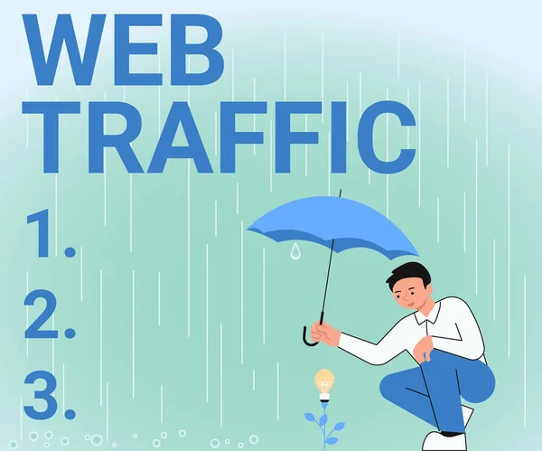 Writing displaying text Web Traffic, Concept meaning Amount of data sent and received by visitors to a website Gentleman Holding Umbrella Growing Flower Presenting Newest Project Ideas.