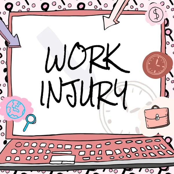 Text sign showing Work Injury, Concept meaning Accident in job Danger Unsecure conditions Hurt Trauma Poster decorated with monetary symbols displaying punctuality of employees.