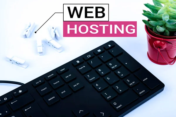 Handwriting text Web Hosting, Word Written on The activity of providing storage space and access for websites Computer Keyboard And Symbol.Information Medium For Communication.