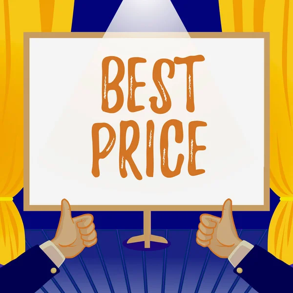 Text sign showing Best Price, Business approach Buyer or seller can obtain something for a product sold or buy Hands Thumbs Up Showing New Ideas. Palms Carrying Note Presenting Plans