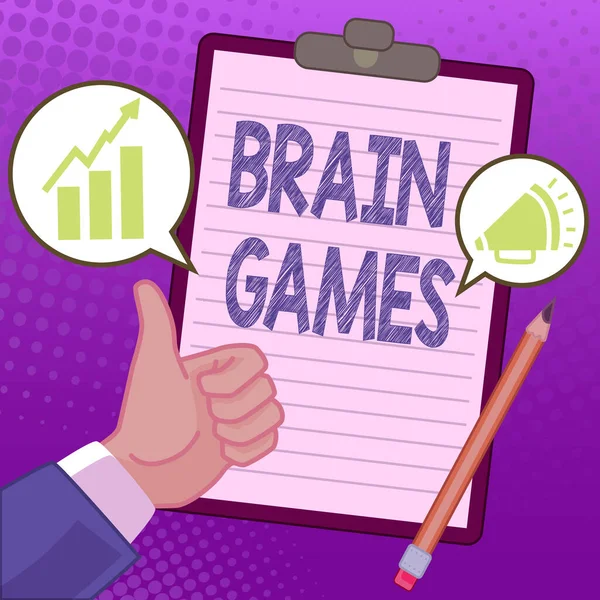 Hand writing sign Brain Games, Word Written on psychological tactic to manipulate or intimidate with opponent Hands Thumbs Up Showing New Ideas. Palms Carrying Note Presenting Plans