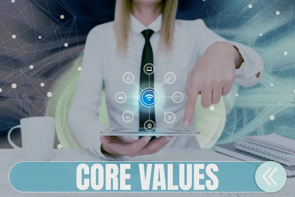 가치를 표시하는 인터넷 조직은 중요하다고 생각하는 모바일 Lady Pressing Screen — 스톡 사진