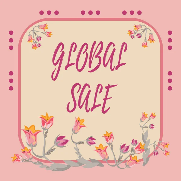 Conceptual caption Global Sale, Business idea managers operations for companies do business internationally Blank Frame Decorated With Abstract Modernized Forms Flowers And Foliage.