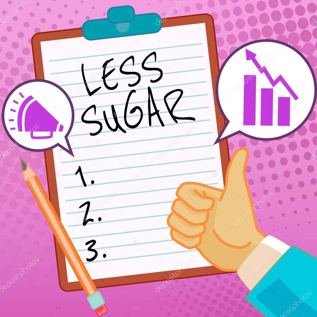 Inspiration showing sign Less Sugar, Word for Lower volume of sweetness in any food or drink that we eat Hands Thumbs Up Showing New Ideas. Palms Carrying Note Presenting Plans