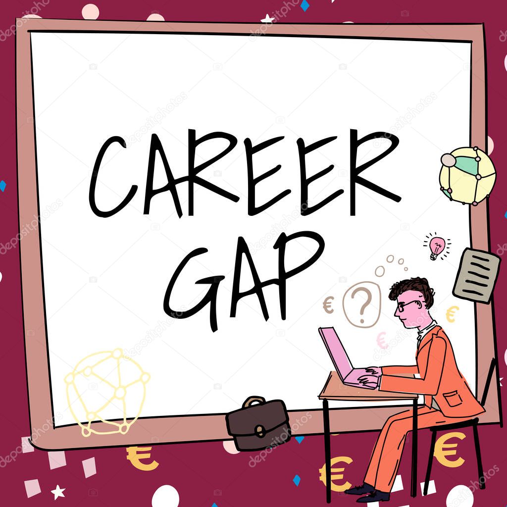 Text caption presenting Career Gap, Business overview A scene where in you stop working by your profession for a while Man working on computer representing successful business strategy creation.