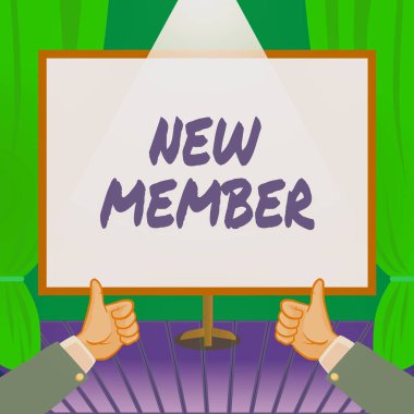 Yeni Üye, İşletme Şovu 'nun yeni çocuk Eller Yukarı, Yeni Fikirler Gösteriyor' un şirket ya da ekibine eleman aldığını gösteren metin yazısı. Palms Taşıma Defteri Sunum Planları