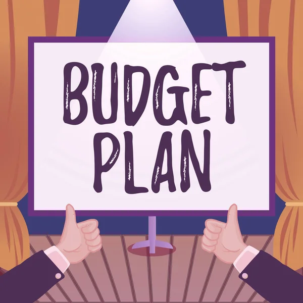 Inspiration showing sign Budget Plan, Word Written on financial schedule for a defined period of time usually year Hands Thumbs Up Showing New Ideas. Palms Carrying Note Presenting Plans
