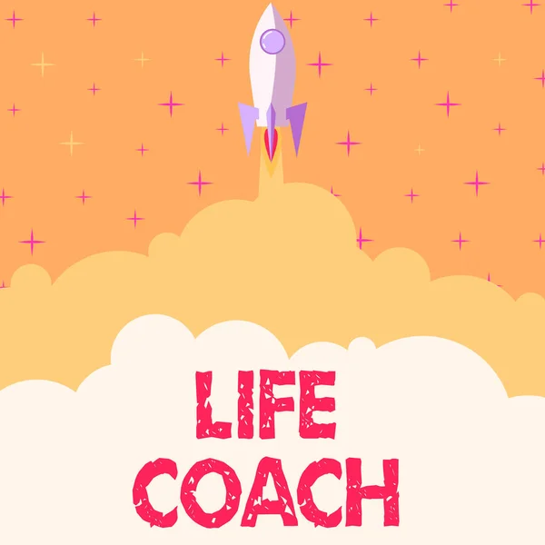 Handwriting text Life Coach, Business idea A person who advices clients how to solve their problems or goals Rocket Ship Launching Fast Straight Up To The Outer Space.