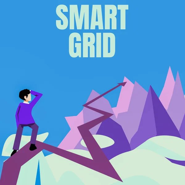 Text sign showing Smart Grid, Business overview includes of operational and energy measures including meters Man watching horizon arrow pointing symbolizing future project success.