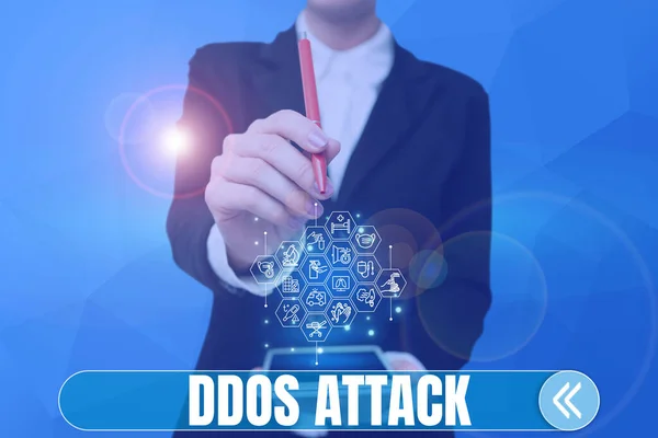 Zeichen Zeigt Ddos Angriff Geschäft Schaufenster Täter Versucht Netzwerk Ressource — Stockfoto