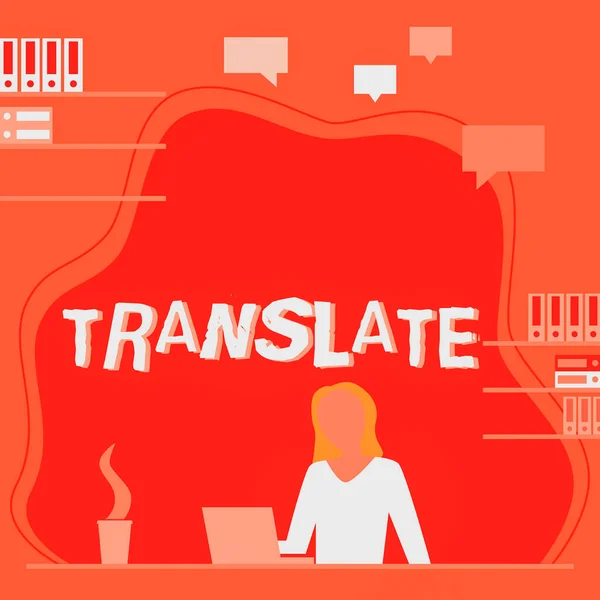 手書きの記号翻訳 概念的な写真ターゲット言語の同じ意味を持つ別の単語女性が机の上に座って働くと新技術を提示 — ストック写真