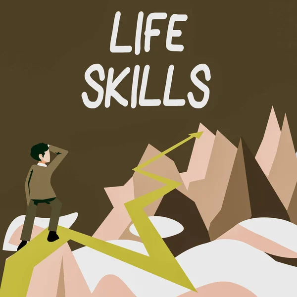 Text sign showing Life Skills, Business overview that is necessary or desirable full participation in everyday Man watching horizon arrow pointing symbolizing future project success.