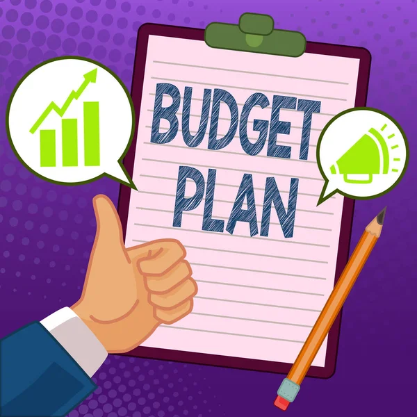 Hand writing sign Budget Plan, Business approach financial schedule for a defined period of time usually year Hands Thumbs Up Showing New Ideas. Palms Carrying Note Presenting Plans