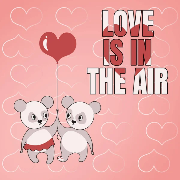 Inspiration showing sign LOVE IS IN THE AIR, Business concept Valentines Day Greetings in Red Background Bears holding heart balloon represent passionate couple with love goals.