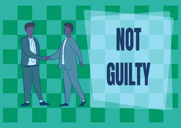 Text caption presenting Not Guilty, Business approach someone is innocent didnt commit specific crime He free Two colleagues shaking hands congratulating successful teamwork.