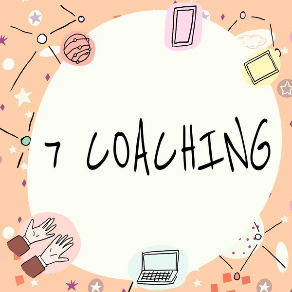 Handwriting text 7 Coaching, Word Written on Refers to a number of figures regarding business to be succesful Blank frame decorated with modern science symbols displaying technology.