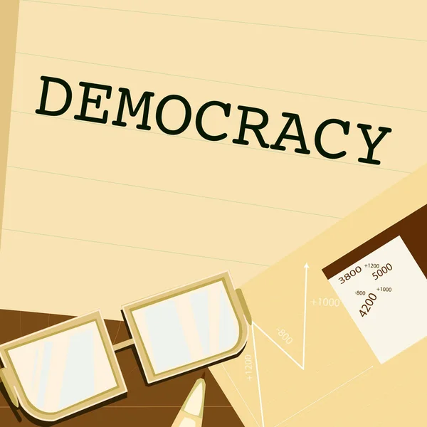 文字标牌显示民主 商业思想的自由表达自己的感受和信念坐在写字台上计算财务计划的图表 — 图库照片