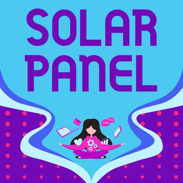 太陽光発電の光源を吸収するビジネスコンセプト 太陽光パネル を展示する看板技術装置に囲まれた女性未来の進歩を示す — ストック写真