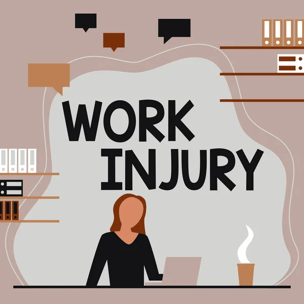 书写文字 展示工作伤害 工作危险不安全条件下的概念性摄影事故伤害坐在办公桌前工作的妇女 并介绍新技术 — 图库照片