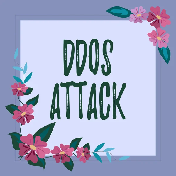 概念显示Ddos攻击 业务显示作案者寻求使网络资源不可用的框架装饰多彩的花和和谐排列的跟随 — 图库照片