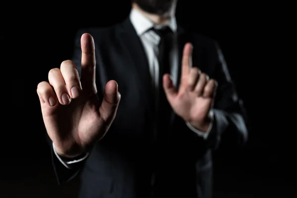 Businessman Pointing Crutial Informations Two Fingers — Φωτογραφία Αρχείου