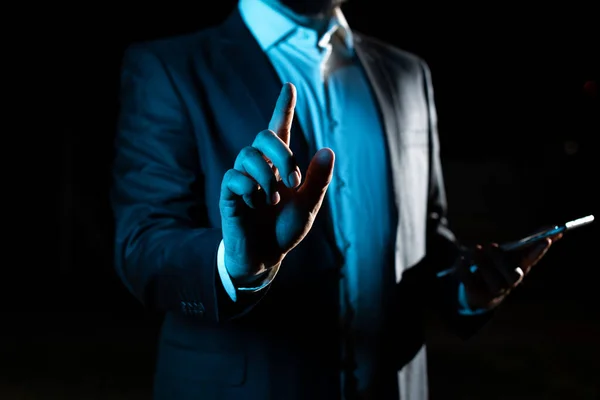 Businessman Pointing Important Infortmations One Finger —  Fotos de Stock