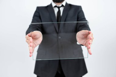 Businessman Holding Transparent Glass And Promoting The Company Brand.