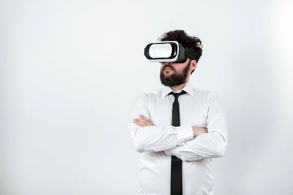 Standig Man Crossed Arms Having Glasses Presenting Important Ideas — Photo