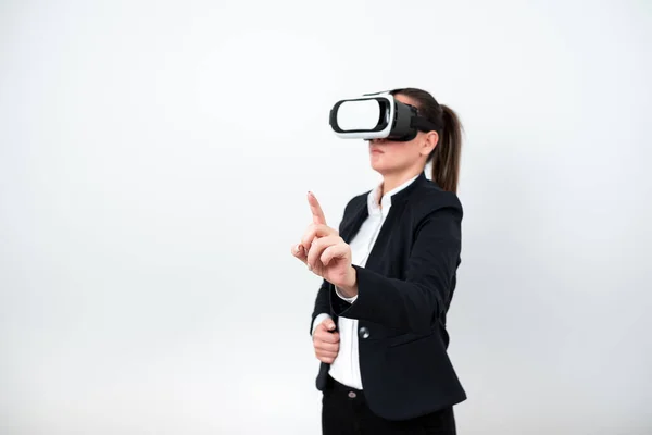 Woman Wearing Glasses Pointing Important Message One Finger — Foto de Stock