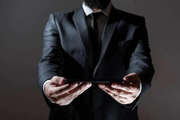 Businessman Holding Tablet Both Hands Presenting Important Data — Φωτογραφία Αρχείου