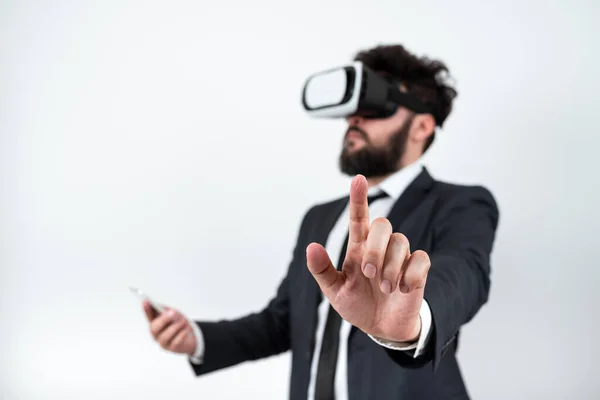 Man Wearing Glasses Pointing Important Messages One Finger — Fotografia de Stock